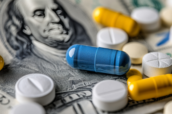 100 dollar bill with prescription pills on top