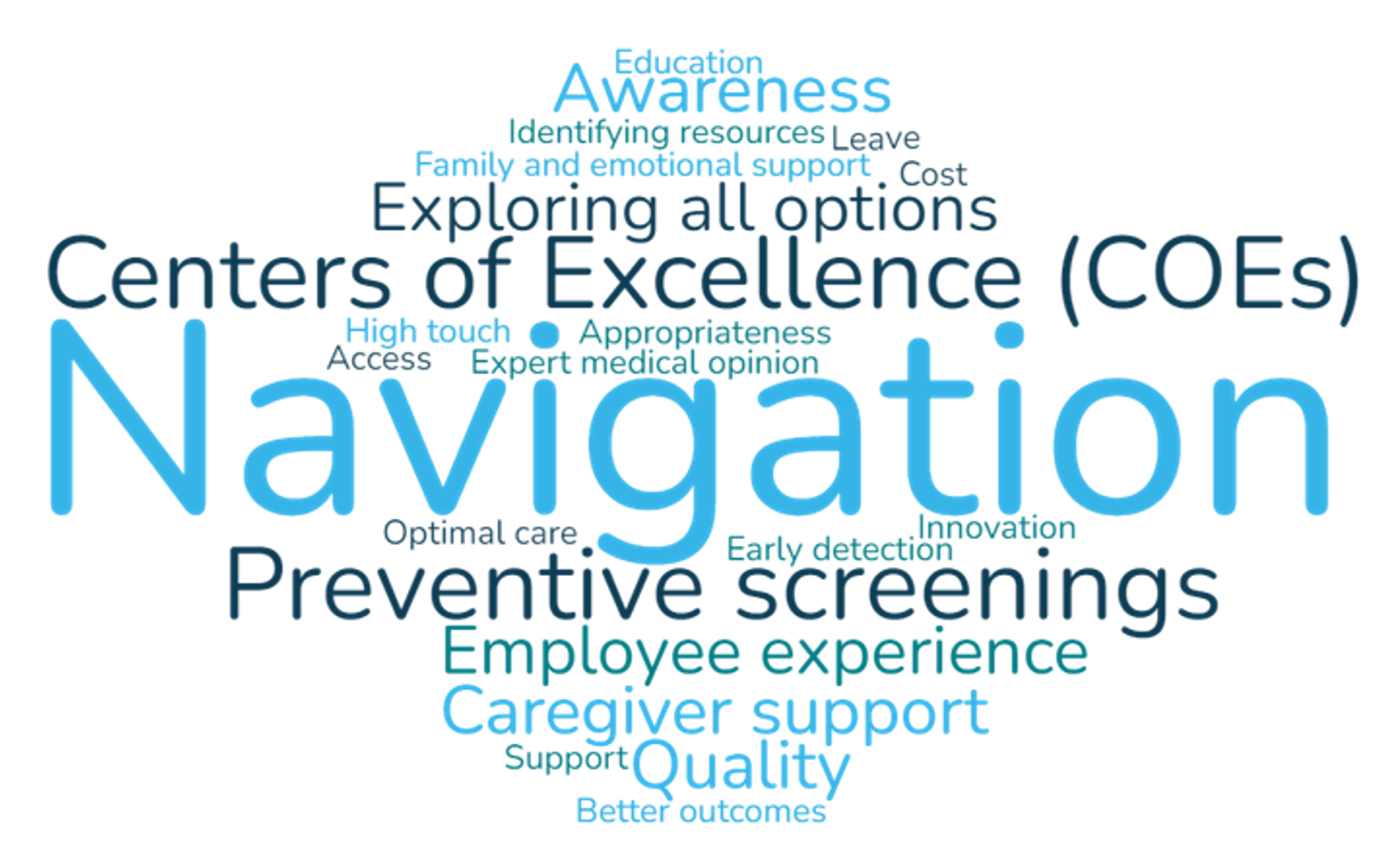 -	Navigation (12) -	Preventive screenings (6) -	Centers of Excellence (COEs) (3) -	Exploring all options (2) -	Quality (2) -	Caregiver support (2) -	Employee experience (2) -	Awareness (2) -	High touch (1) -	Leave (1) -	Education (1) -	Early detection (1) -	Family and emotional support (1) -	Better outcomes (1)  -	Optimal care (1) -	Appropriateness (1) -	Access (1)  -	Innovation (1) -	Support (1) -	Cost (1) -	Identifying resources (1)  -	Expert medical opinion (1)